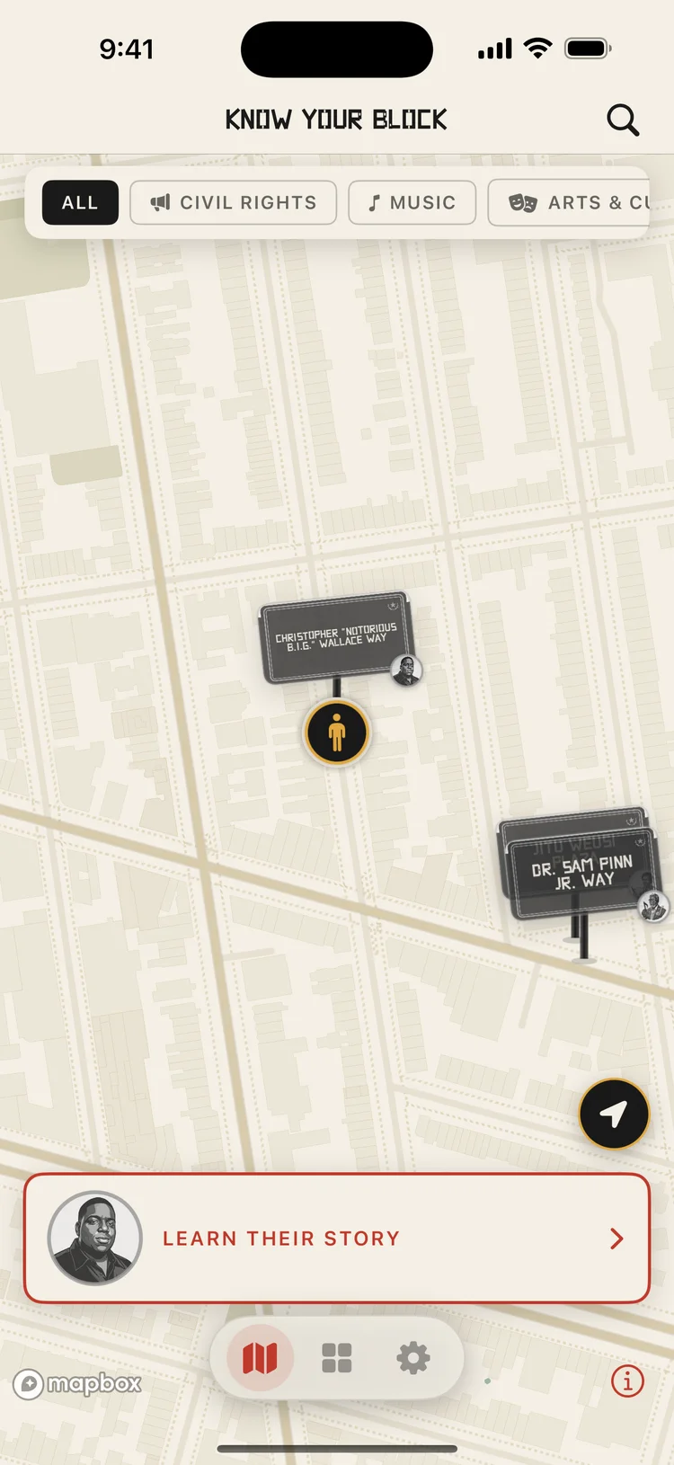 Know Your Block map screen showing an honorary street sign pin in Brooklyn