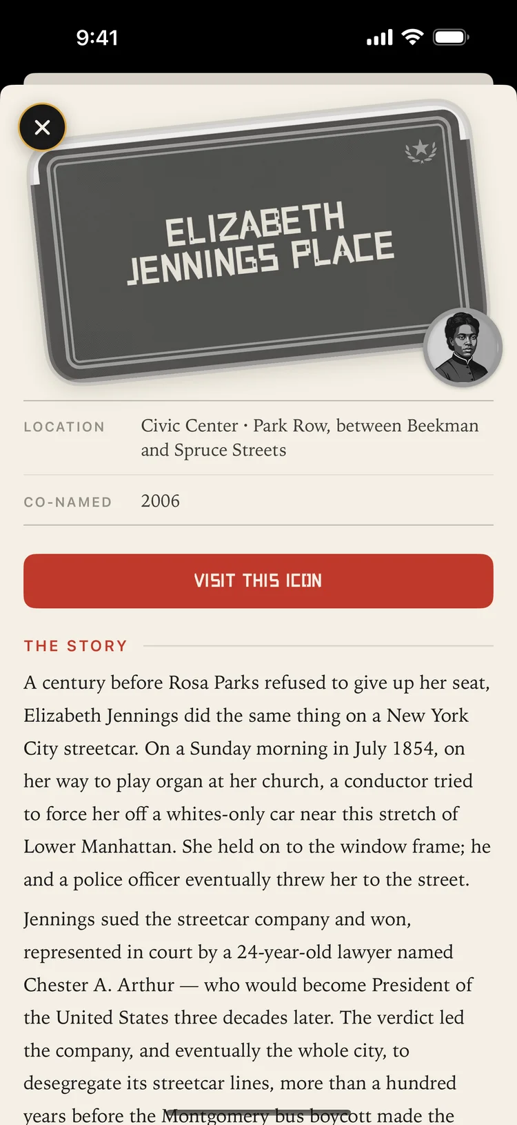 Elizabeth Jennings Place story page with the Visit This Icon button