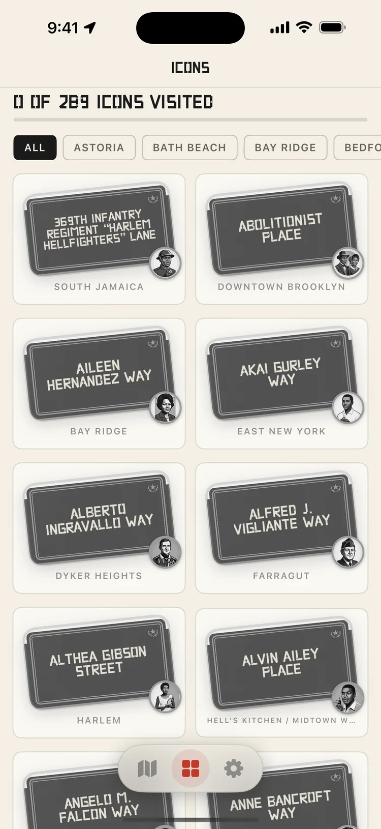 Collection grid showing street sign cards across NYC neighborhoods