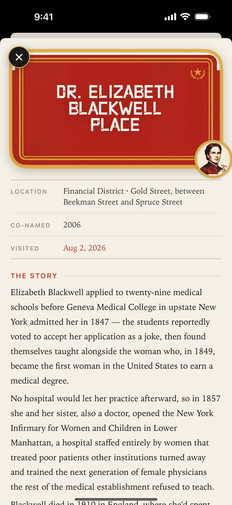 Dr. Elizabeth Blackwell Place shown collected, with a full-color portrait and red and gold sign